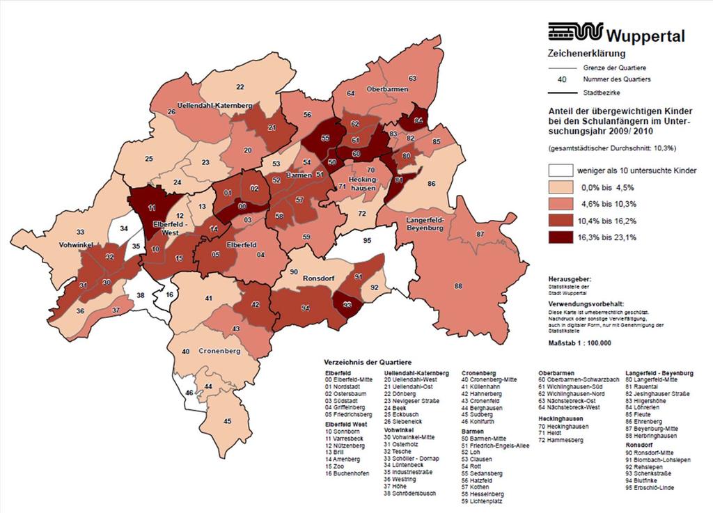 Raumbezogene Daten Einschulung 2010 Wuppertal Anteil der übergewichtigen Kinder