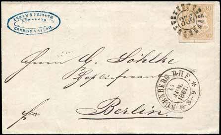 52 BAYERN 1868/1870 266 1867, 9 Kreuzer gelbbraun, vollrandiges Prachtstück auf Brief nach BERLIN, offener Mühlradstempel 356 NÜRNBERG BHF.