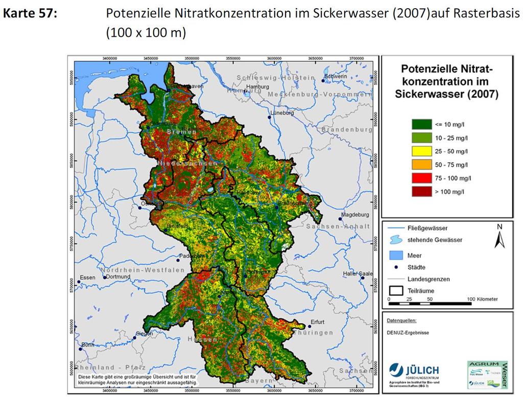 In den meisten Regionen im Nordteil der Flussgebietseinheit Weser großflächig mit Nitratkonzentrationen im Sickerwasser von 50 mg NO3/l und mehr zu rechnen ist.