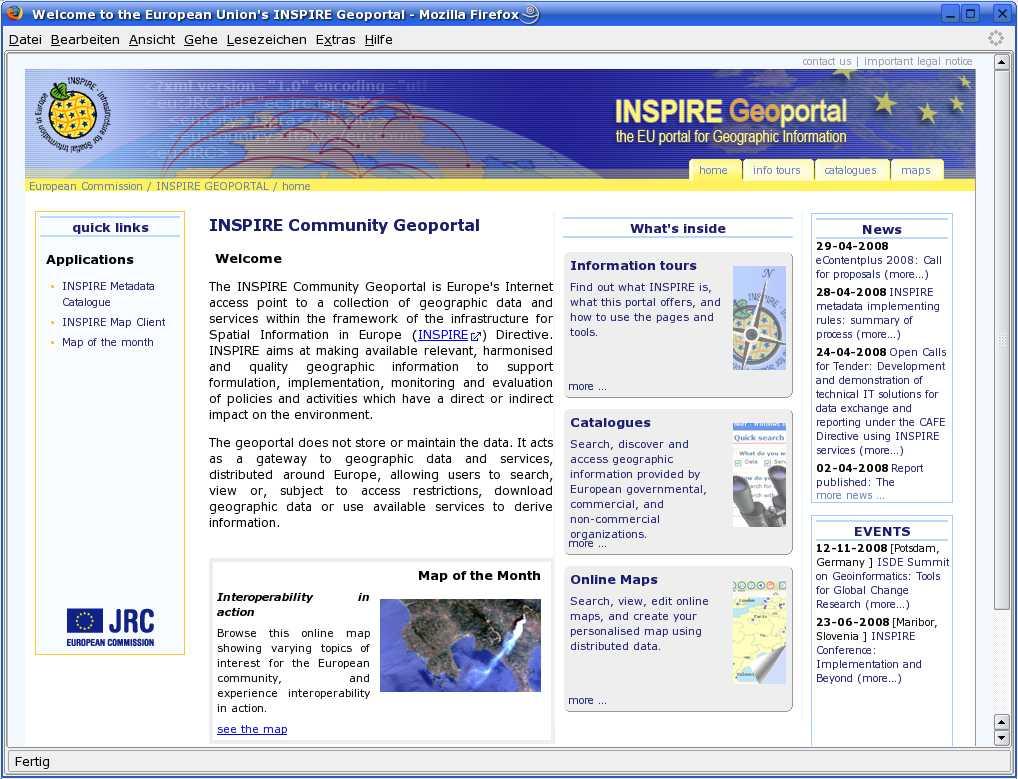 Europäische Geodateninfrastruktur INSPIRE (Infrastructure for Spatial Information in Europe) Richtlinie 2007/2/EG Direktive: Rechtliche Grundlage Harmonisierung, Interoperabilität Inhalt: 3 Anhänge /