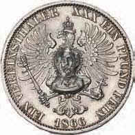 319 319* Vereinstaler 1866 A, Vs.: belorb. Kopf n. r., Rs.: bekr. Adler, auf dessen Körper eine Büste enface als Halbrelief in Silber montiert ist, vgl. Jg.