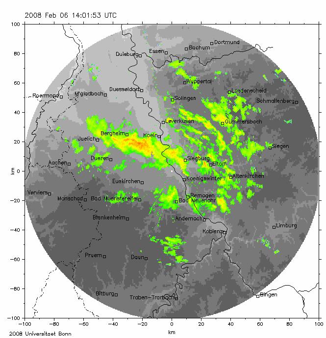 Eingangsdaten (räumlich) Radarprodukte Meteorologisches Institut Bonn RM: Eigene Daten (Fünfminutensummen) CU: Komposit eigene Daten DWD Daten Kürzestfristvorhersage (in Arbeit) DWD RZ: