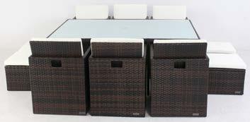 Geflechtfarbe: braun marmoriert (Faser W37) die Hockerkissen können in den Hockern verstaut werden die Hocker können unter die Sessel geschoben werden Tisch: ca.