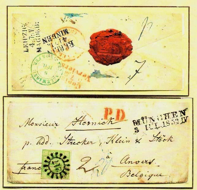 Frankatur vom 3.7.1853 von München nach Anvers, über Preußen befördert und gem. Postvertrag Preußen-Belgien von 1852 mit 41/2 Sgr. = 16 Kr. zu frankieren. Bis 31.3.1854 war die Vereinstaxe mit 9 Kr.