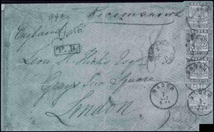 43 Kr. - Frankatur Marken von nach Leitweg Datum Auktion 310. Baden - 22a+19a(2)+23 Großbritannien Preußen 1871.10.03.