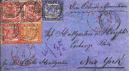 - Frankatur Marken von nach Leitweg Datum Auktion USA/New Corinphila 22b+18(3)+19a Karlsruhe Preußen 1866.10.31.