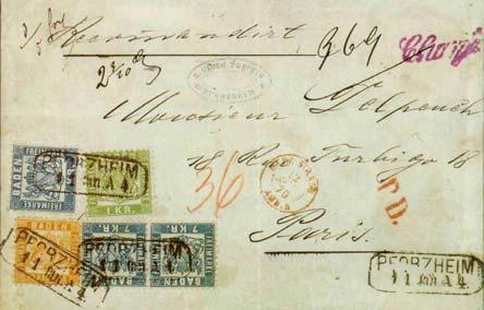 52 Kr. - Frankatur Marken von nach Leitweg Datum Auktion 22a+23+25a(3) Pforzheim Paris Über Kehl 1870.01.11.