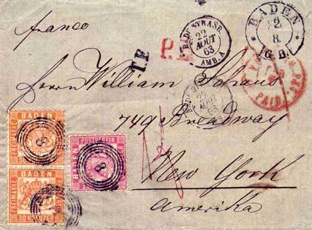 63 Kr. - Frankatur Marken von nach Leitweg Datum Auktion Baden - Württemb. 22a(2)+18 USA/New York Frankreich 1863.08.22. 0559 Baden Aukt.