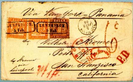 - Frankatur Marken von nach Leitweg Datum Auktion 22a(2)+15a Lenzkirch USA/California Frankreich 1864.02.05.