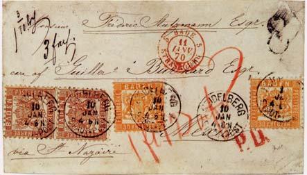 78 Kr. - Frankatur Marken von nach Leitweg Datum Auktion 22a(2)+20a(2) Heidelberg Mexiko Frankreich 1870.01.11. Sammlung R. B.
