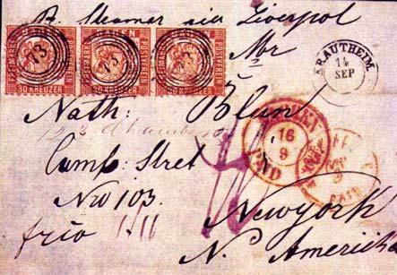 90 Kr. - Frankatur Marken von nach Leitweg Datum Auktion 22a(3) Krautheim USA/New York Preußen 186?.09.14.