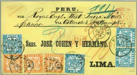 - Frankatur Marken von nach Leitweg Datum Auktion 22b(3)+25b(4) Mannheim Peru/Lima Preußen 187?.12.13.
