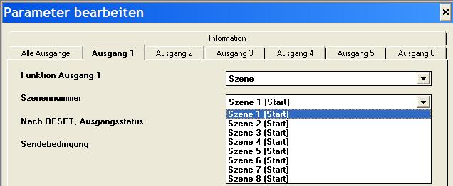 7. Kanalfunktion "Szene" Parameter: Szenenummer Ist die eingestellte Sendebedingung für Start erfüllt, so wird die hier eingestellte Szenenummer gesendet Mögliche Werte: Szene 1 (Start).