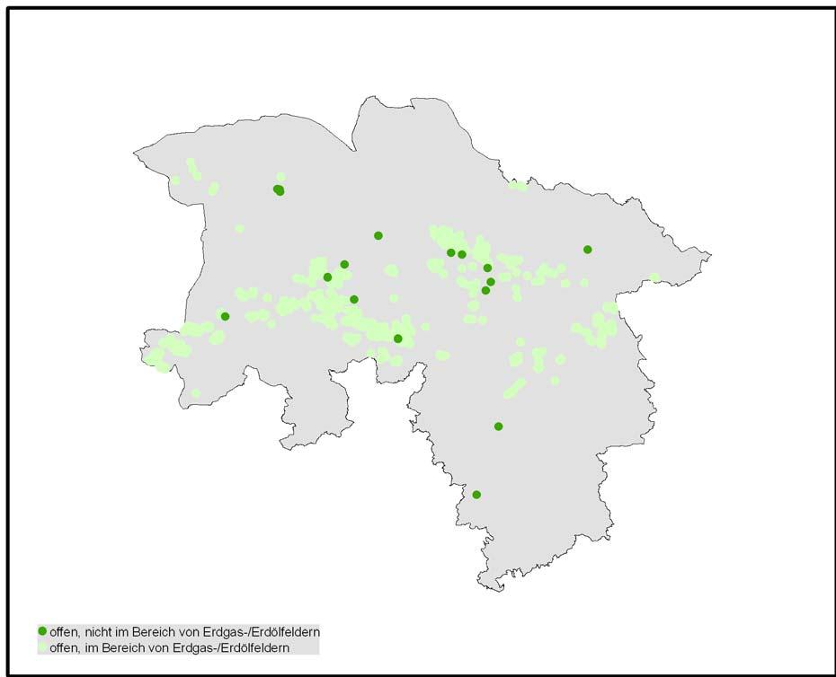 Abbildung 2: Offene Bohrungen in Niedersachsen aus der Bohrungsdatenbank des Fachinformationssystem Kohlenwasserstoffe des LBEG.