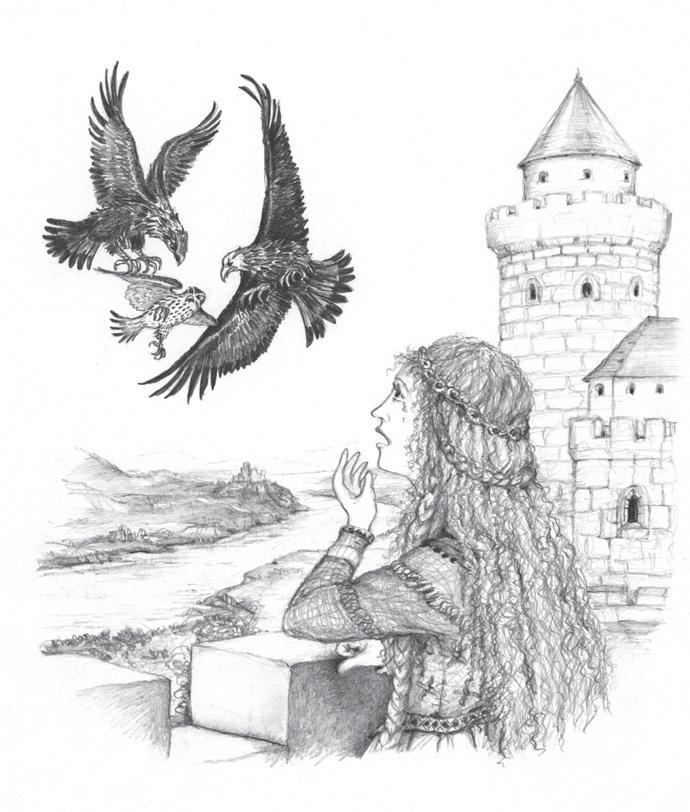15 Sie hat geträumt, dass sie einen Falken hat. Sie hat ihren Falken sehr geliebt. Er war wunderschön und stark und ist hoch oben am Himmel geflogen.