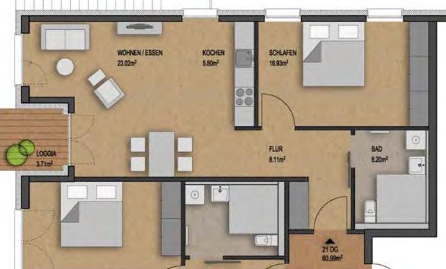 Wohnungsbeispiel mit Wohnberechtigungsschein 61,50 m² Im Dachgeschoss liegt diese barrierefreie