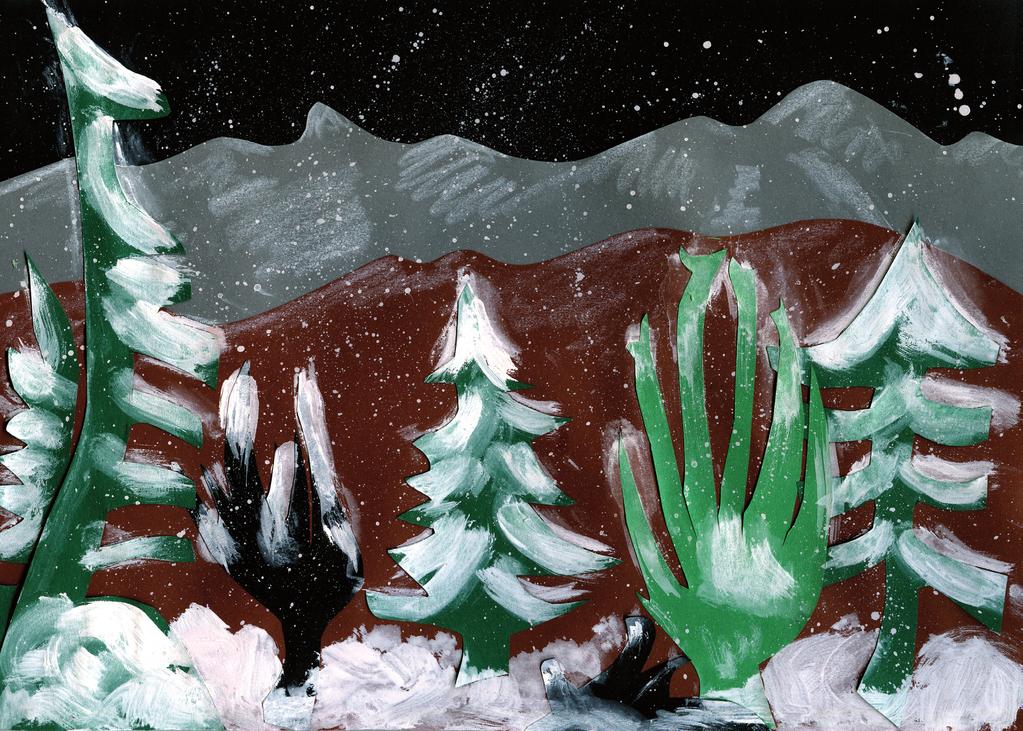 Überall Schnee! Kurzbeschreibung Aus farbigem Tonpapier gestalten die Schüler im Collage-Verfahren eine Landschaft mit Bäumen.