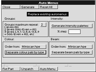 Auto Menu Als eine Option (die für den Betrieb nicht ausgeführt werden muss) kann man mit der Menüfunktion Auto Menu Gruppenaufteilungen, Dimmerwertabstufungen und Standardwerte/ -Funktionen der