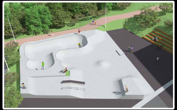 Le Châble Skatepark mit Bowl und Street, Konzept im Rahmen eines Freizeitparks mit Bike Pumptrack, Kinderspielplatz und Street Workout. Bowl 1.4 m, Hips, Cradle, Deep End 1.