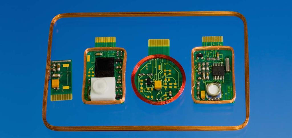RFID-Sensor-Tags zur Erfassung von Feuchtigkeit, Licht, Temperatur und Druck.