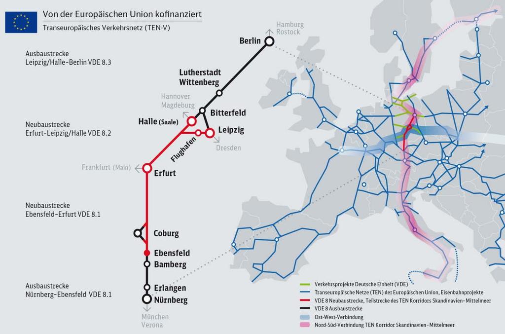 Lückenschluss im europäischen Schnellbahnnetz Nord - Süd Verbindung Ost - West Verbindung Lückenschluss im TEN-V Inbetriebnahme VDE 8 neue Schnellbahntrasse hat internationale Auswirkungen künftig
