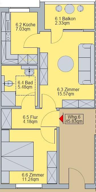 Wohnungstyp 2-2-Zimmer-Wohnungen - Pro Etage: 4 Wohnungen (20 Wohnungen