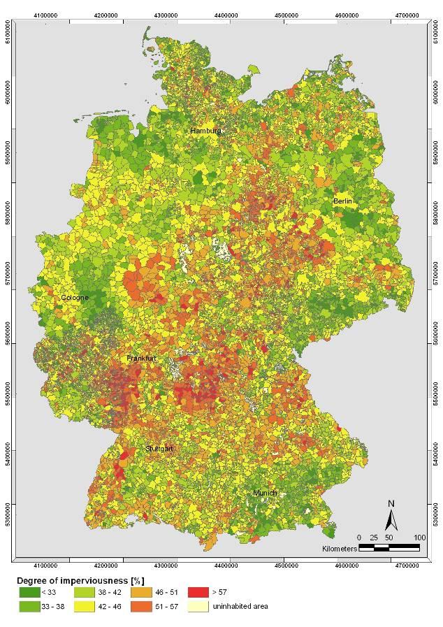 Methodik: isurf-a Anwendung auf Image2000 (Landsat ETM +) [%] [%] [m 2 ] Percent impervious surface for total of