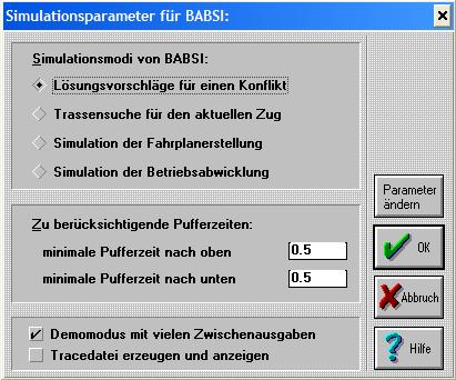 4. Vorstellung der verwendeten Software-Tools Abbildung 4-27: Simulationsparameter in BABSI Trassensuche für den aktuellen Zug Soll ein neuer Zug in ein Fahrplanblatt eingelegt werden, so wird für