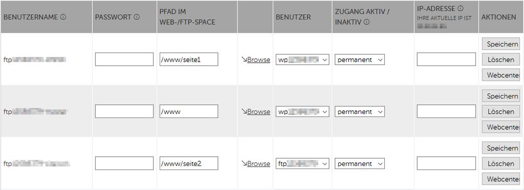 Wie bereits angesprochen können Sie die FTP-Zugänge auch so anlegen, dass für jedes Verzeichnis (welches einer Domain zugewiesen ist) ein eigener FTP-Zugang nutzbar ist.