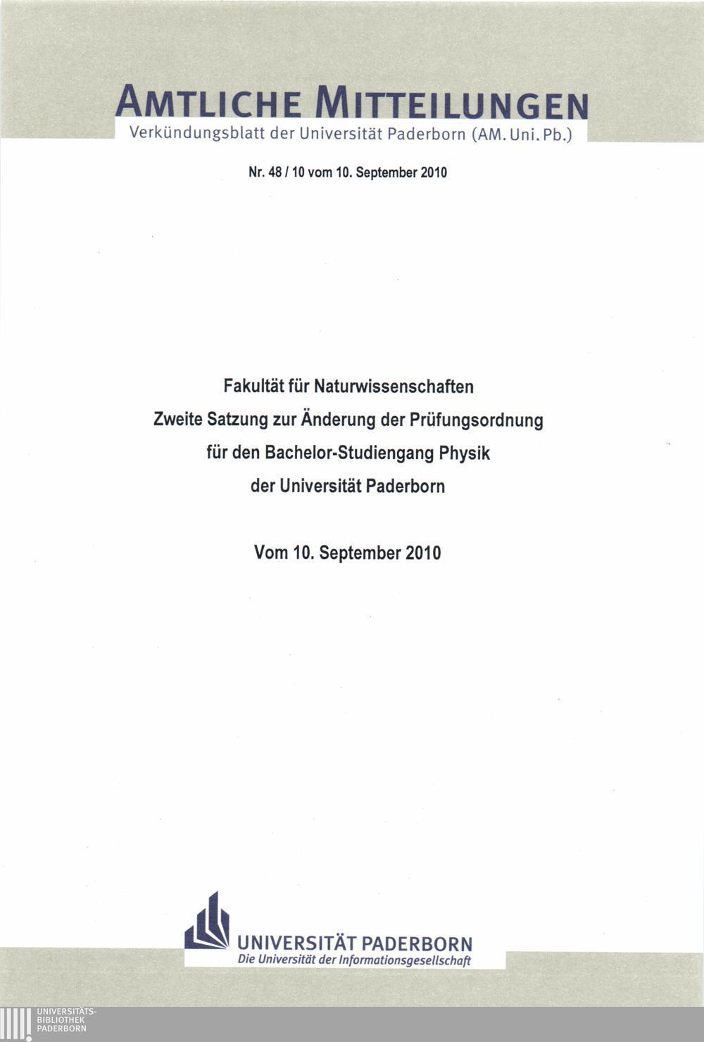 Amtliche Mitteilungen Verkündungsblatt der Universität Paderborn (AM. Uni. Pb.) Nr. 48 /10 vom 10.
