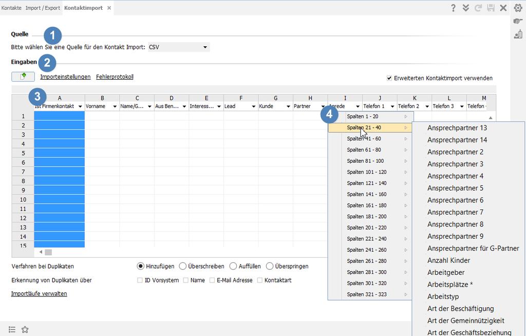 In den Importeinstellungen (2) legen Sie als Codierung ein ISO-Format zugrunde (siehe nebenstehende Abbildung). Nutzen Sie ISO-8859-15 für Daten aus MS EXCEL.