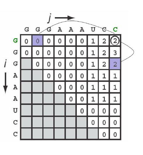 Nussinov Algorithmus: Fill Phase k=2: Wir haben zwei Subsequenzen (i,k) und (k+,j) (,2) und (3,9)