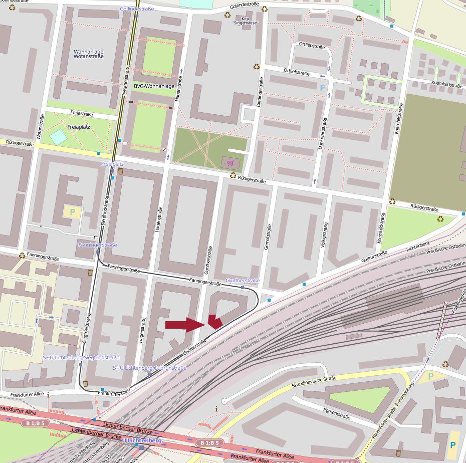 Lage: OpenStreetMap und Mitwirkende, CC BY-SA Die Gudrunstraße/Guntherstraße verläuft nördlich der Frankfurter Allee.