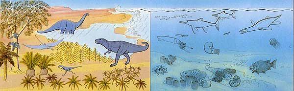 Leben im Jura: Die Dinosaurier dominieren. Links am Baum der Urvogel. Das Klima ist so warm, dass die Polkappen eisfrei bleiben.
