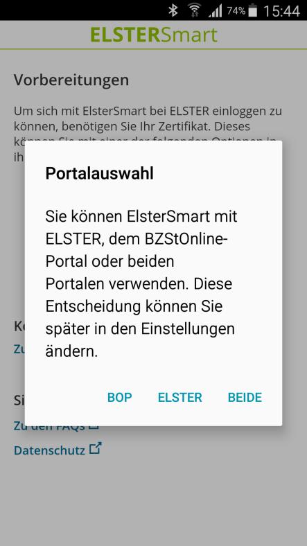 Durch einen Klick auf ÖFFNEN wird die App gestartet. Beim erstmaligen Start wird Ihnen eine Auswahl der Portale angezeigt. Diese Auswahl merkt sich ElsterSmart.