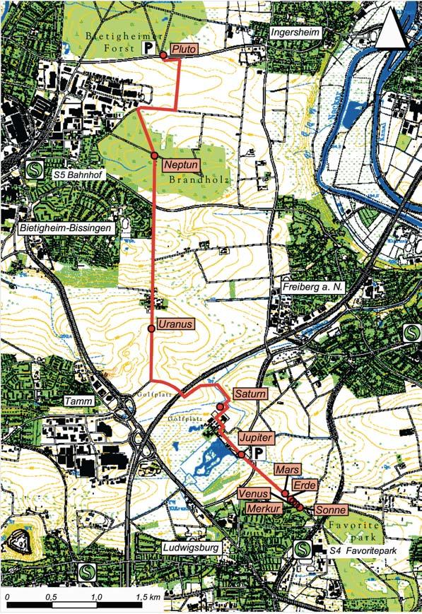 Verlauf Planetenweg Grundlage: Topographische Karte 1:25.000 Landesvermessungsamt Baden-Württemberg (www.lv-bw.de), 24.01.02, Az.: 2851.2-D/609.