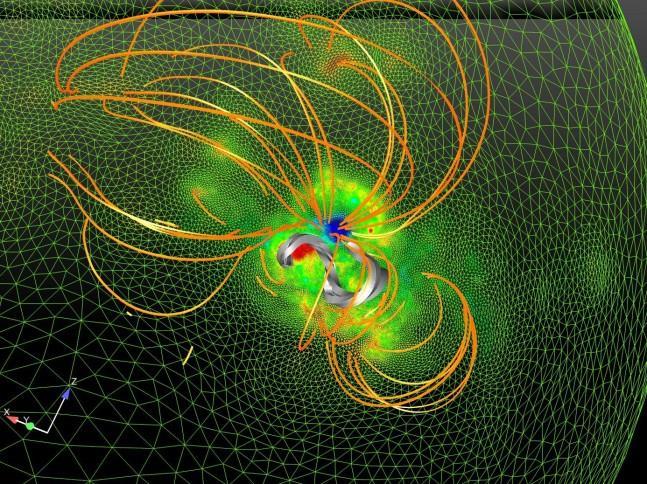 Model created to examine the magnetic field before a giant solar eruption.