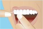 Ziehen Sie etwa 30 bis 50 Zentimeter Zahnseide aus dem Spender und wickeln Sie die Enden ein paar Mal um beide Mittelfinger. Führen Sie den Faden dann zwischen zwei Zähnen hindurch.