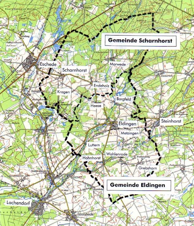 A. Allgemeines und Planungsvorgaben 2. ABGRENZUNG DES UNTERSUCHUNGSBEREICHES Gemeindegebiete Eldingen und Scharnhorst (Auszug aus der Topographischen Karte 1 : 100.