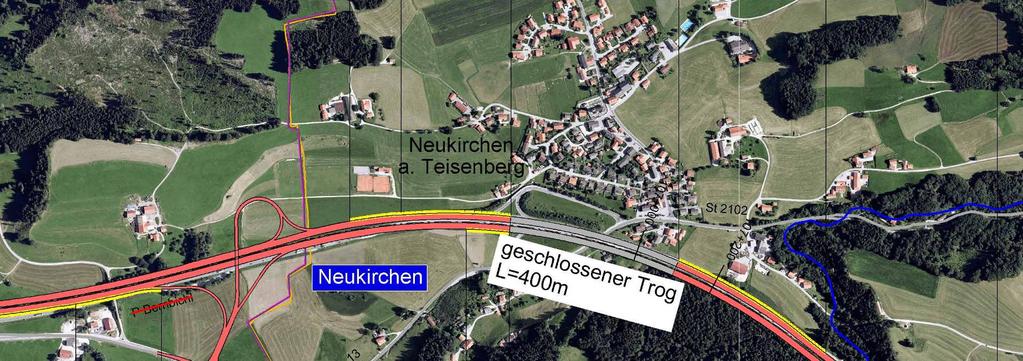 - 6 - Zusätzlich untersuchte Planungsvariante bei Neukirchen: Variante 6.3.2 Mittlere Einhausung Neukirchen (400m) Länge: 5,3 km Kosten: 84 Mio.