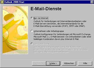 Bild 3 zeigt die Auswahlmöglichkeit der E-Mail-Dienste Je nach Konfiguration von Outlook 2000 müssen Sie Ihre Outlook 2000 bzw.