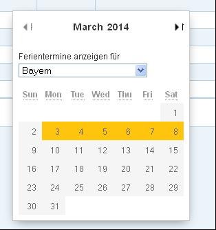 Kalenderfunktion: Die Ferientermine der einzelnen Bundesländer werden farblich hervorgehoben.