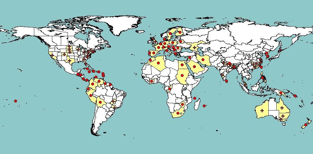 Verbreitung von Dickeya chrysanthemi weltweit (PQR/EPPO 2013) vorkommend (amtliche Mitteilung) + vorkommend (keine amtliche