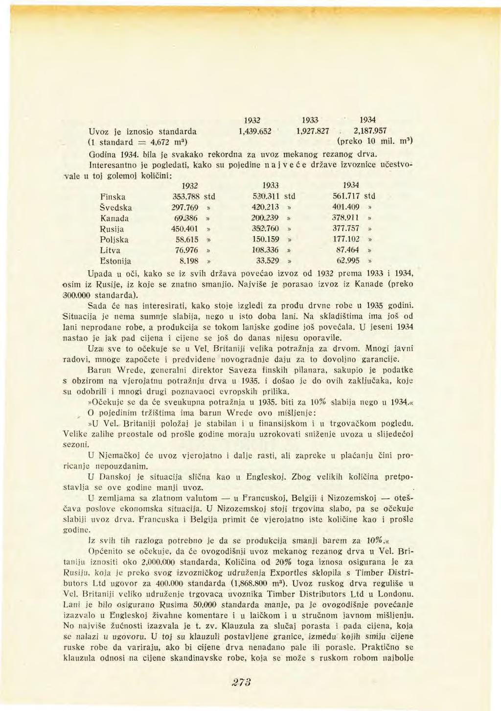 1932 1933 1934 Uvoz je iznosio standarda 1,439.652 1,927.827 i 2,187.957 (1 standard = 4,672 m 3 ) (preko 10 mil. m 3 ) Godina 1934. bila je svakako rekordna za uvoz mekanog rezanog drva.