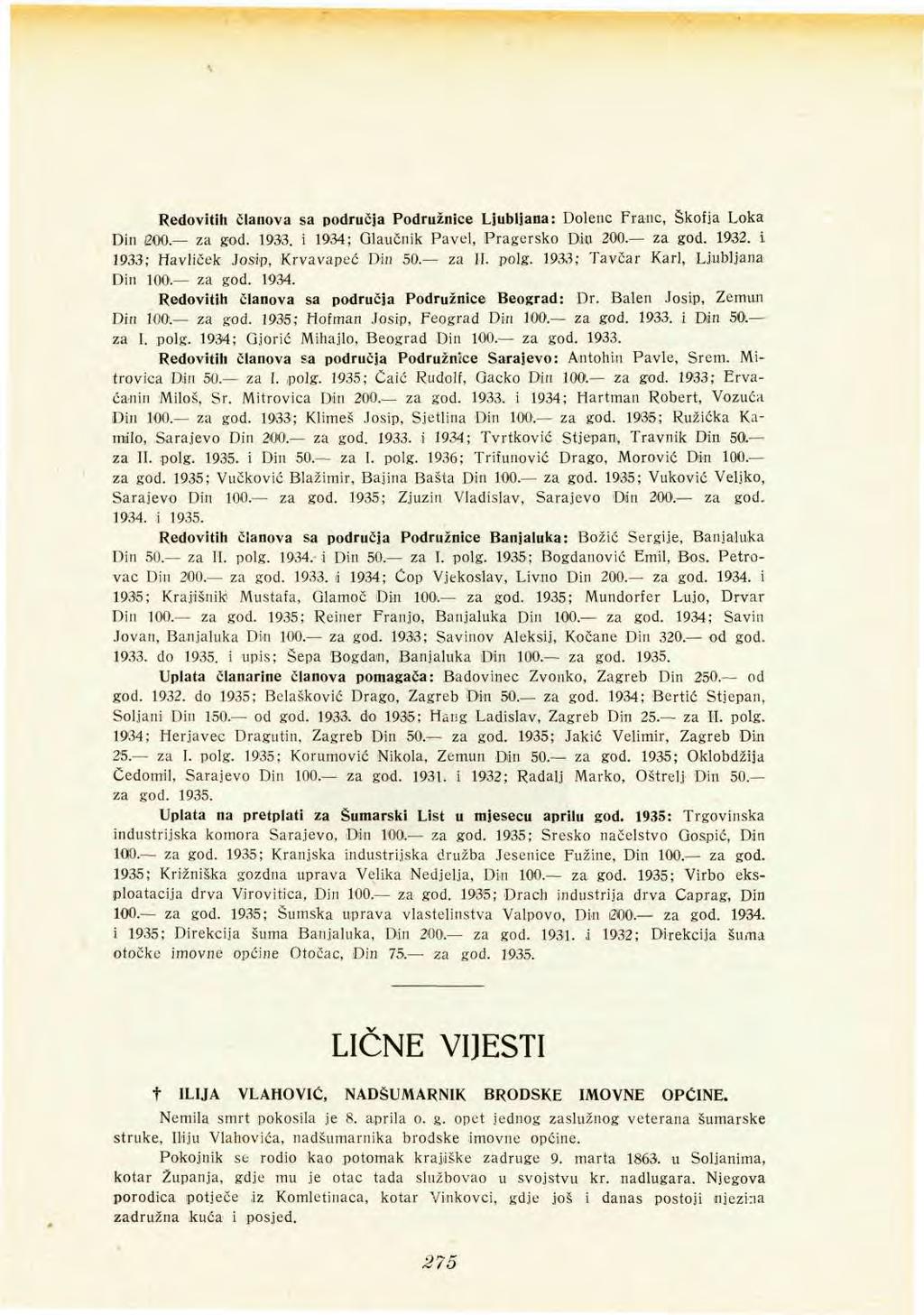 Redovitih članova sa područja Podružnice Ljubljana: Dolenc Franc, Škofja Loka Din 200 za god. 1933. i 1934; Glaučnik Pavel, Pragersko Diu 2O0. za god. 1932. i 1933; Havliček Josip, Krvavapeć Din 50.