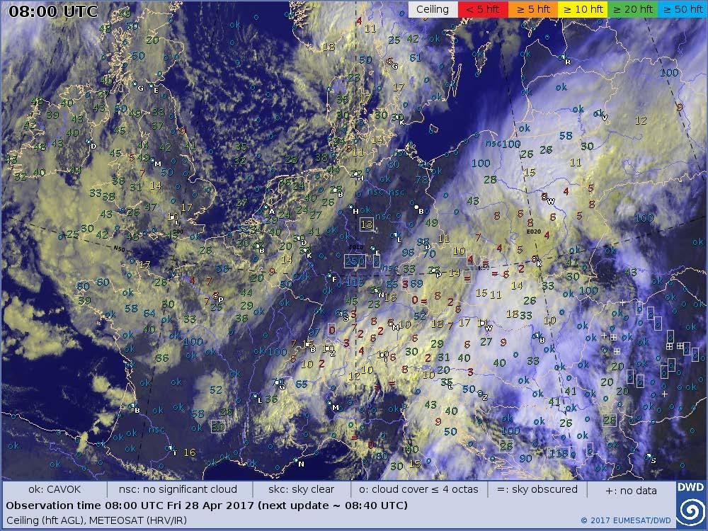 Abb. 1: Beispielkarte für Ceiling/Satellitendarstellung, Ausschnitt Mitteleuropa 4. Karten Aktuelles Flugwetter 4.1. Sicht Abb. 2 zeigt die aktuellen Sichtweiten.
