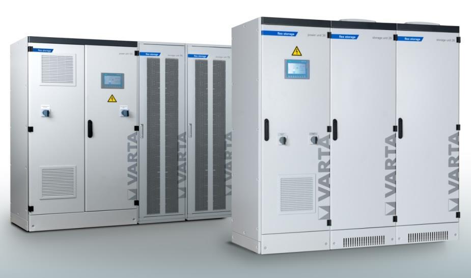 Energiespeichersystem VARTA flex storage Leistung und Kapazität der Systeme lassen sich individuell an die jeweiligen Anforderungen anpassen Energie Leistung Zellchemie 26 kwh 780 kwh (kaskadierbar)