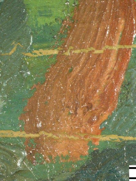 12 Frühschwundrisse in der sichtbaren Malerei, die die ockerfarbene Farbschicht der ersten Bildanlage zeigen (Bereich der Hand des Mannes im linken