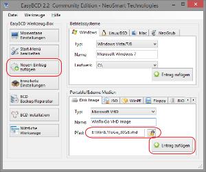 Klicken Sie 'Neuen Eintrag hinzufügen' Suchen Sie die VHD-Datei auf dem USB-Laufwerk hier: E:\Win8.1ToGo_30GB.
