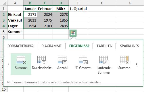 Excel schlägt einen Summenbereich vor und blendet eine Infobox mit der Beschreibung des Funktionsaufbaus ein.